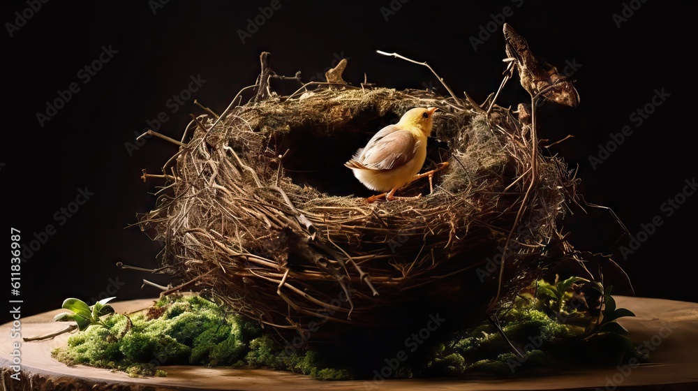 Image of a beautiful bird's nest perched high in a tree. This serene scene captures the peace and natural beauty of bird life. Generative AI