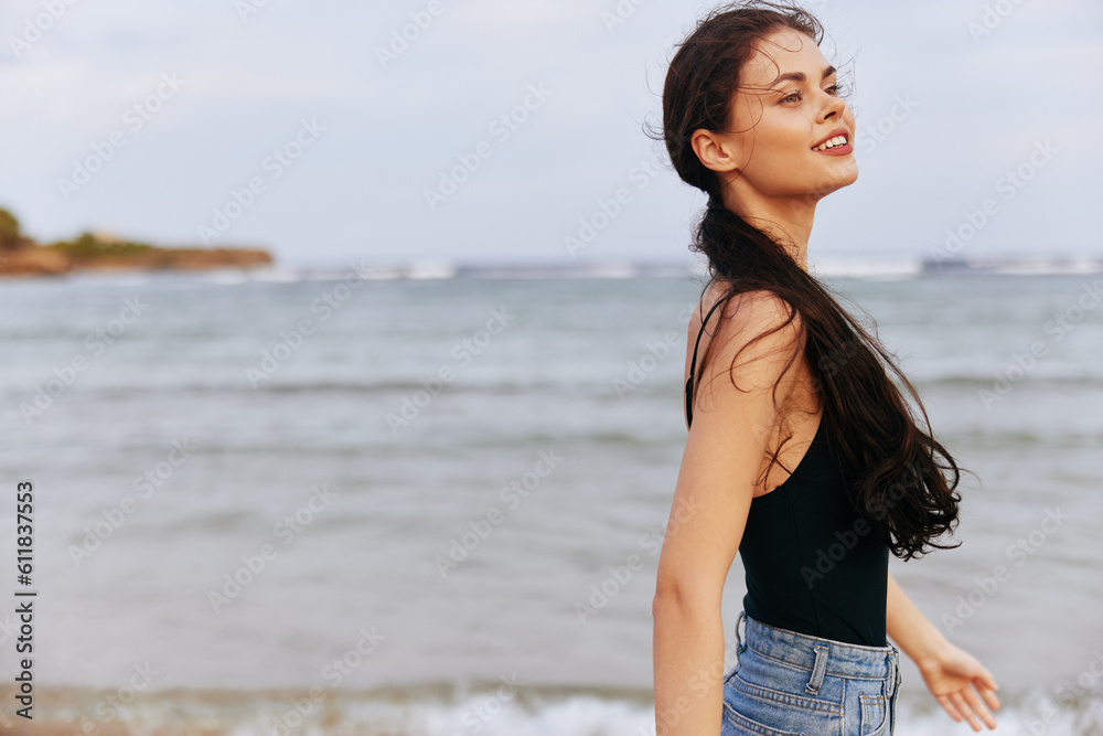 beach woman vacation lifestyle summer ocean smile sea copy-space sunset sand beach woman vacation lifestyle summer ocean smile sea copy-space sunset sand