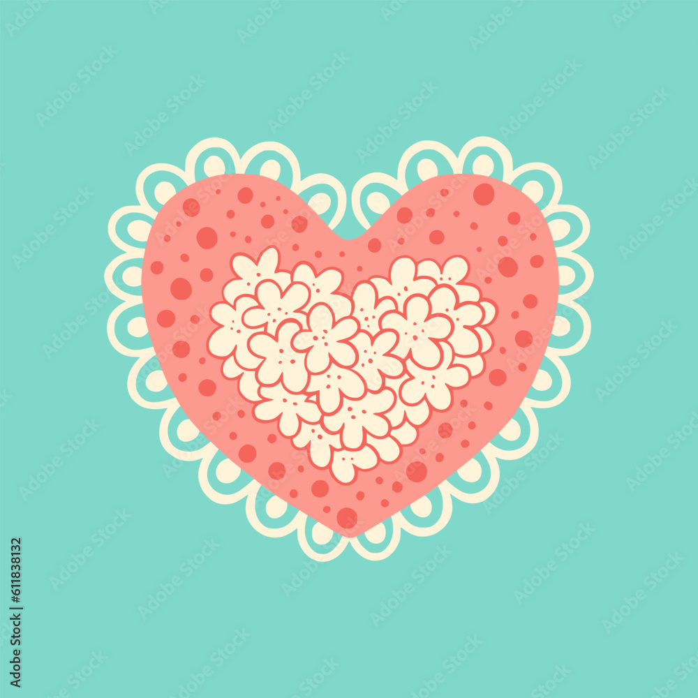 Pink heart with flowers. Stylized heart-shaped pillow with flowers and lace. Children's illustration for for greeting card, invitation, print, sticker. Illustration for birthday and valentine's day.