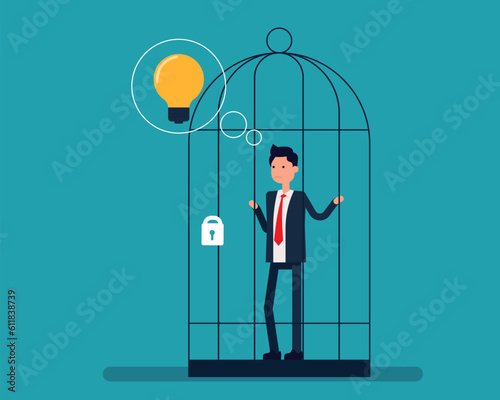 Businessman with blocked ideas at workplace. Vector illustration freedom business concept