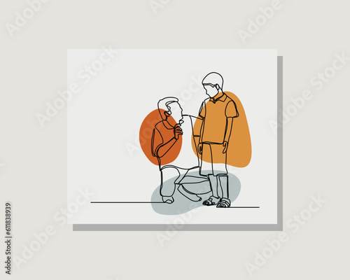Continuous single one line drawing art of father dad talk and help son parenting happy togetherness family concept in boho bohemian style design vector illustration