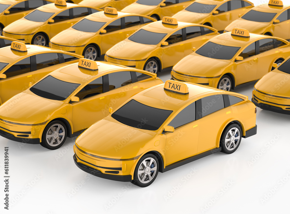 Group of yellow ev taxis or electric vehicle on white background Group of yellow ev taxis or electric vehicle on white background