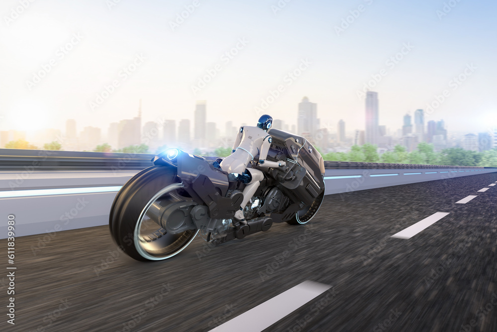Racing technology with robot riding on motorbike with speed Racing technology with robot riding on motorbike with speed