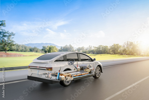 Ev car or electric vehicle with pack of battery cells on road