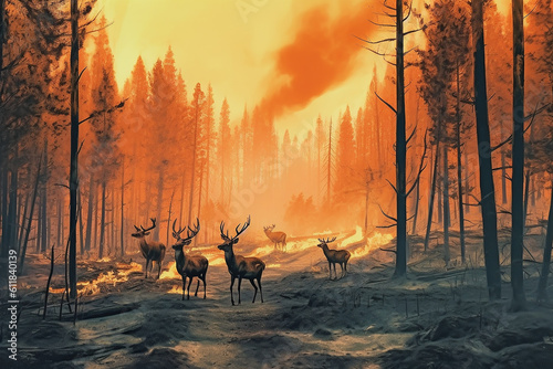 Deers escape forest fire. Generative AI