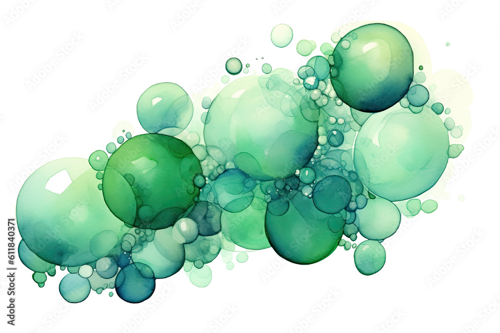 a cluster of jade green and periwinkle abstract watercolor floating bubbles, isolated on a transparent background, generative ai