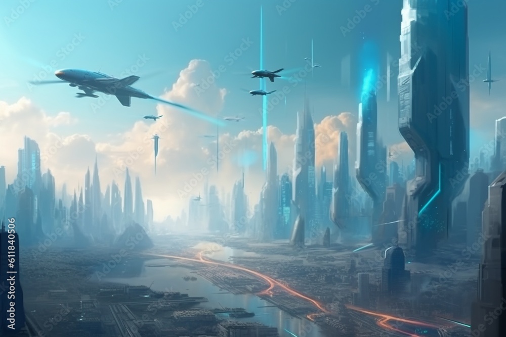 Obraz premium Futuristic Cityscape with Vibrant Colors and Flying Vehicles Created with Generative AI