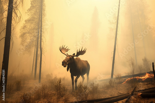 Moose escapes forest fire. Generative AI © Slepitssskaya
