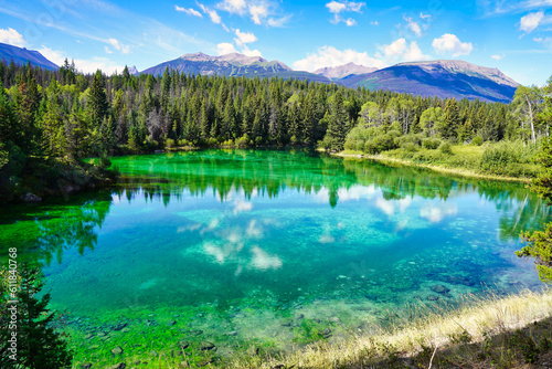 Aquamarine blue-green shades of the magnificient and beautiful lakes in the Valley of Five Lakes Region near Jasper in the Canada Rockies photo