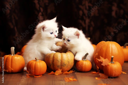 Kittens play with halloween pumpkins. Generatiive AI