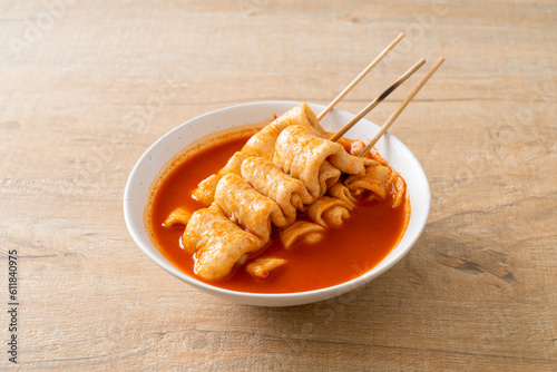 Odeng - Korean fish cake skewer in Korean spicy soup photo