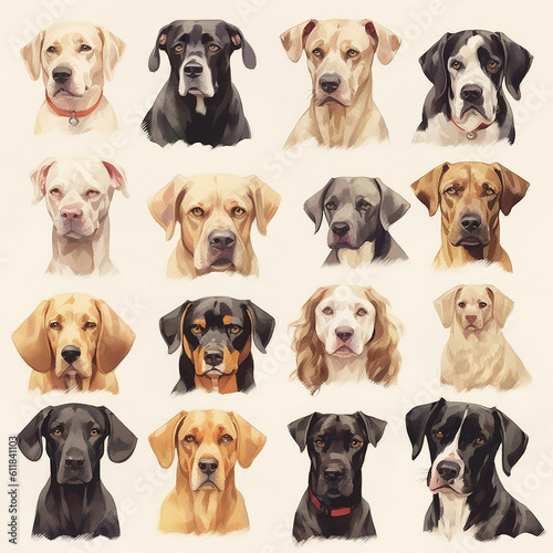 Portraits of different breeds of dogs on a light background. Generated AI
