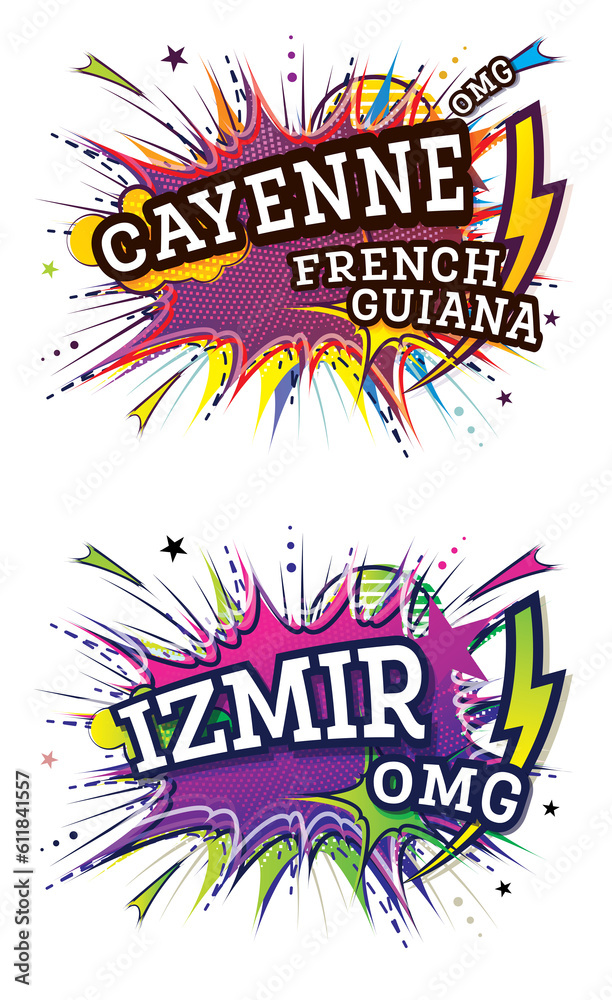 Obraz premium Izmir Turkey and Cayenne French Guiana Comic Text in Pop Art Style Isolated on White Background.