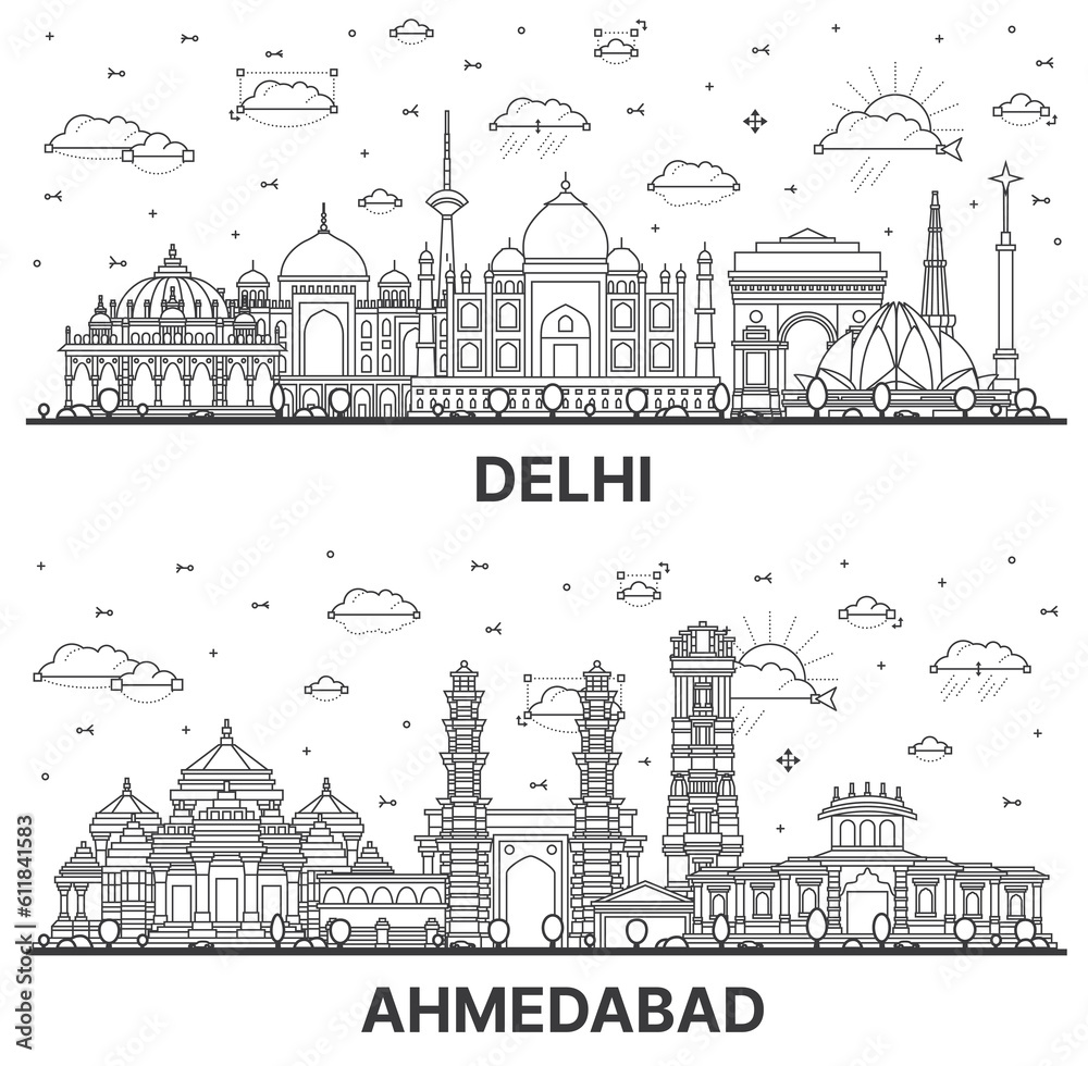 Outline Ahmedabad and Delhi India City Skyline Set.