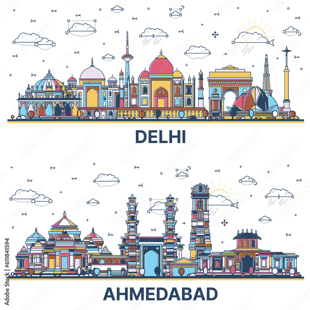 Outline Ahmedabad and Delhi India City Skyline Set with Colored Historic Buildings.