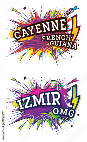 Izmir Turkey and Cayenne French Guiana Comic Text in Pop Art Style Isolated on White Background.