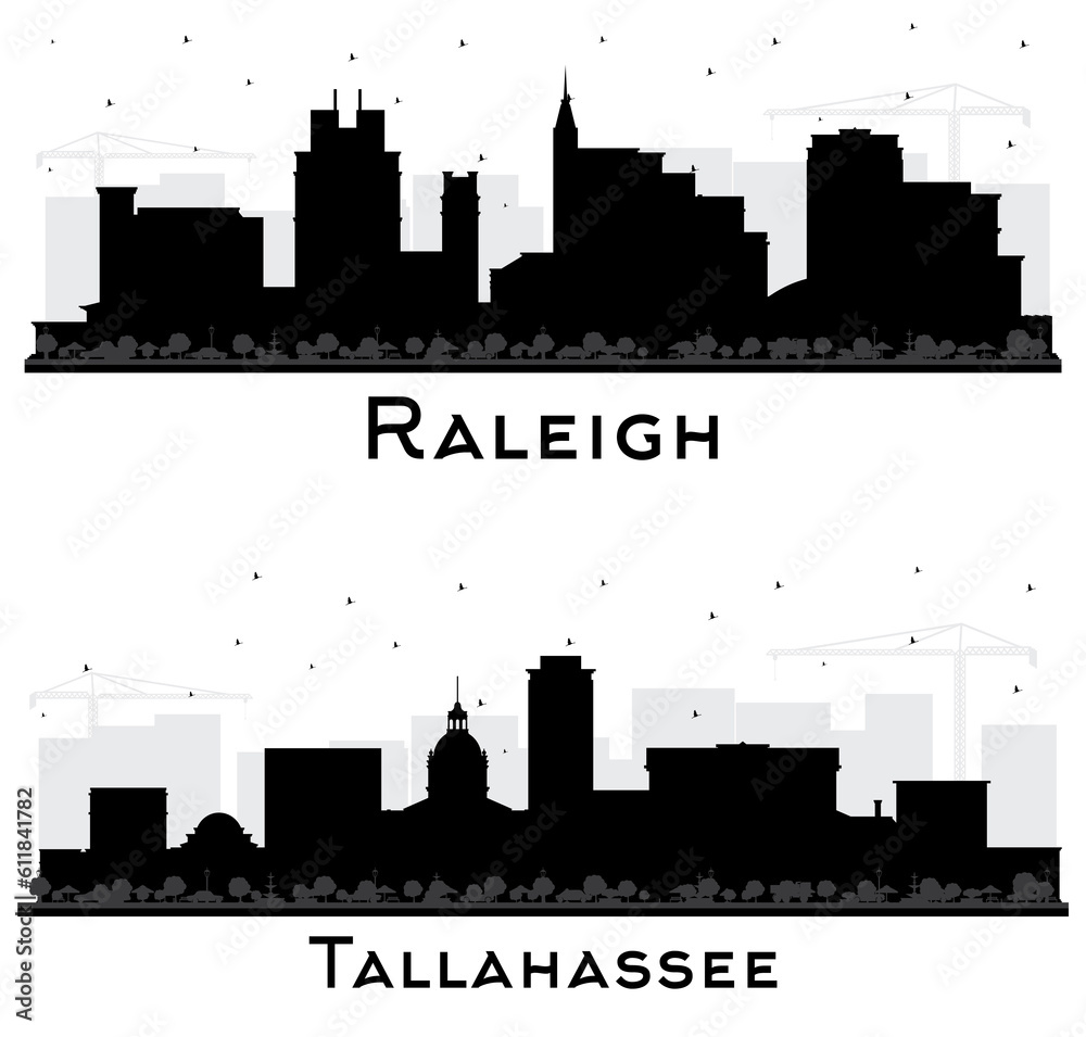 Tallahassee Florida and Raleigh North Carolina City Skyline Silhouette Set.