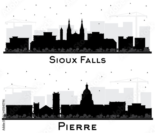 Pierre and Sioux Falls South Dakota City Skyline Silhouette Set.
