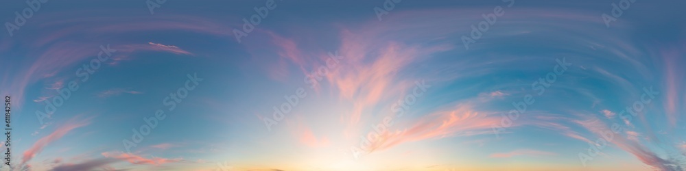 Sunset sky panorama with bright glowing pink Cirrus clouds. Seamless hdr 360 panorama in spherical equirectangular format. Full zenith for 3D visualization, sky replacement for aerial drone panoramas.