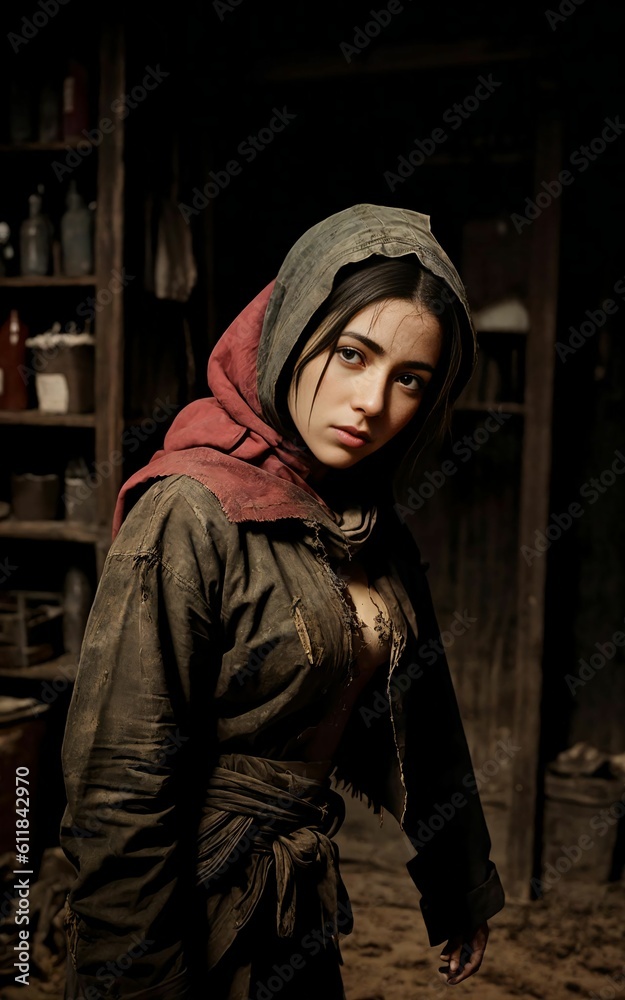 poor homeless woman at dark messy room, Generative AI poor homeless woman at dark messy room, Generative AI