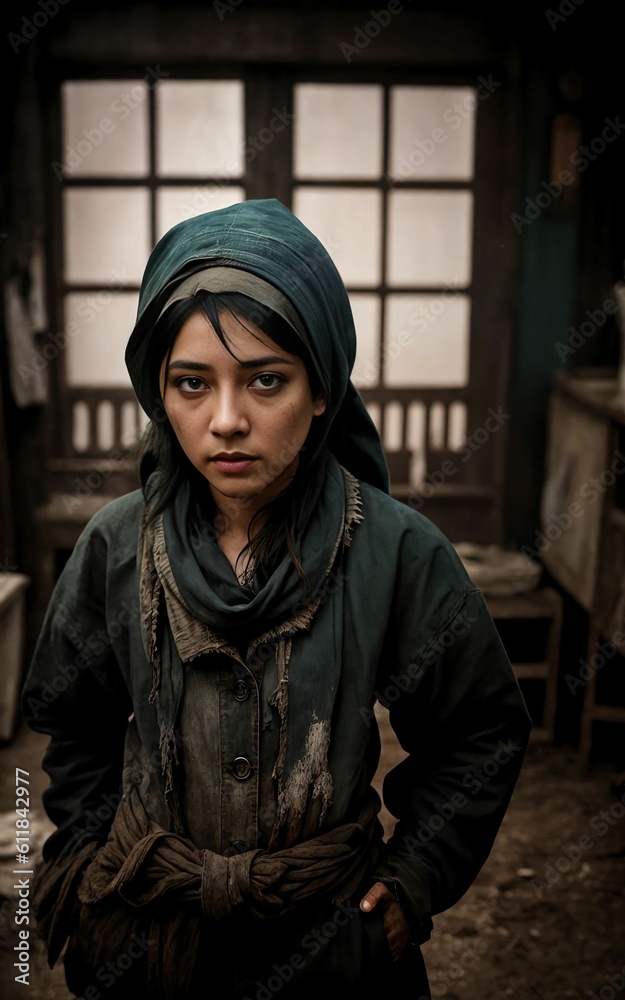 poor homeless woman at dark messy room, Generative AI poor homeless woman at dark messy room, Generative AI