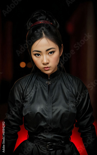 woman in black ninja suit at dark room, Generative AI