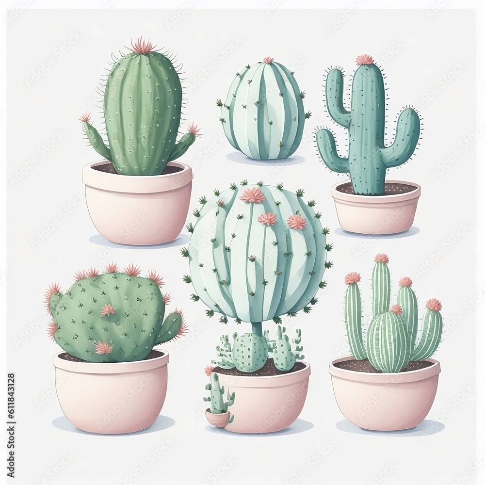 set of cactus on white background generativeAI set of cactus on white background generativeAI
