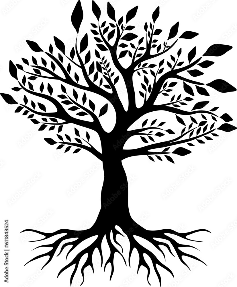 silhouette of an artistic and mystic wild small tree isolated on white
