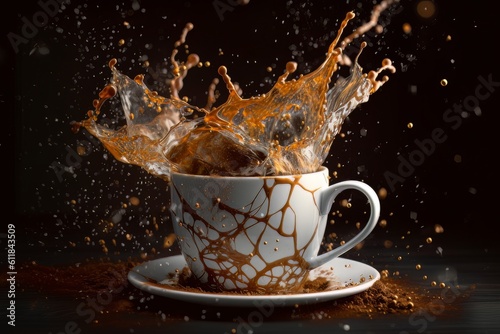 Coffee splashing out of a cup isolated on black background.. Ai Generative AI