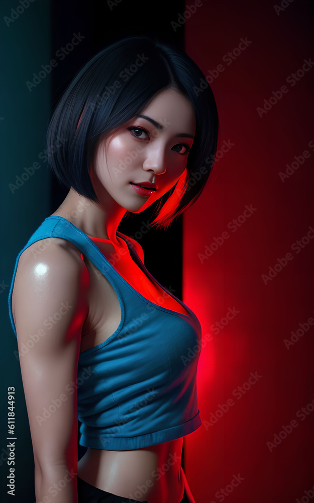 beautiful asian woman in top dress with mixed color blue and red light, Generative AI beautiful asian woman in top dress with mixed color blue and red light, Generative AI