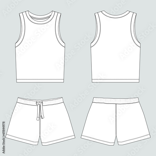 Tank tops with shorts pant technical drawing fashion flat sketch vector illustration template front and back views