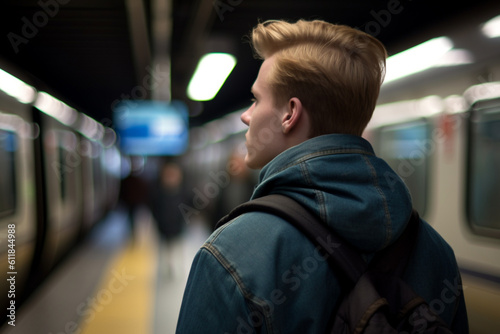 Rear view of a handsome young man waiting for a subway train in Stockholm while train moving in motion blur