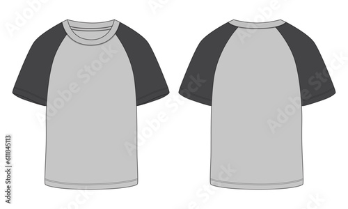 Short sleeve Raglan T shirt technical fashion flat sketch vector Illustration template front, back views isolated Off white Background. Basic apparel Design Mock up.