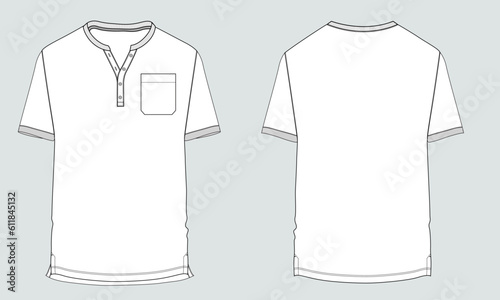 Short sleeve t shirt with pocket technical drawing fashion flat sketch vector illustration template front and back views.
