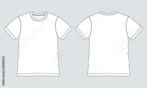 Short sleeve T shirt Technical Fashion flat sketch vector illustration template front and back views. Clothing design mock up for men's isolated on grey background.