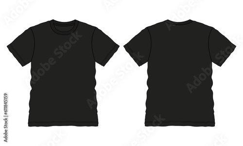 Black color Short sleeve Basic T shirt overall technical fashion flat sketch vector illustration template front and back views. Apparel clothing mock up for men's and boys.