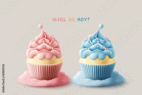 Generative AI.Is it a boy or a girl concept. Twins baby shower decorations. Baby shower cupcake for a boy and a girl. Blue and pink cupcake with mastic.gender party. 