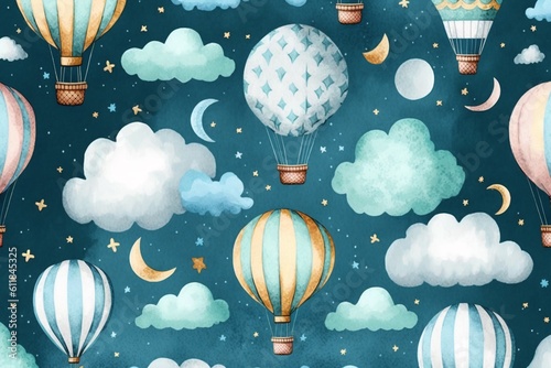Generative AI.Watercolor hot air balloon childish seamless pattern with moon, clouds, stars and balloons for fabric, textiles or wallpaper.