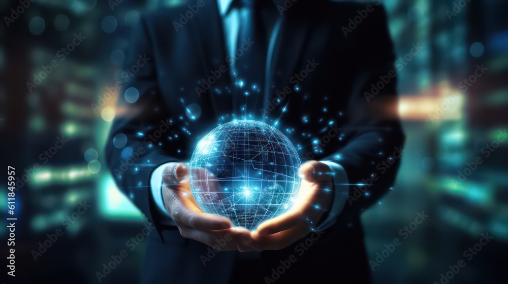 Fototapeta premium AI generated 3D image of the businessman's hand holding a digital globe hologram on a world network connection blurred background. 
