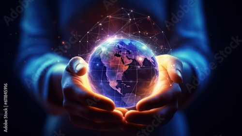 AI generated 3D image of the businessman's hand holding a digital globe hologram on a world network connection blurred background. 