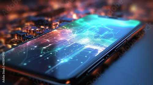 Smartphone with a glowing global network connection concept and hologram blurred background. AI generated 3d image