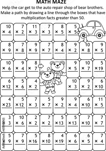 Math maze to learn or reinforce multiplication with car and bears mechanics
