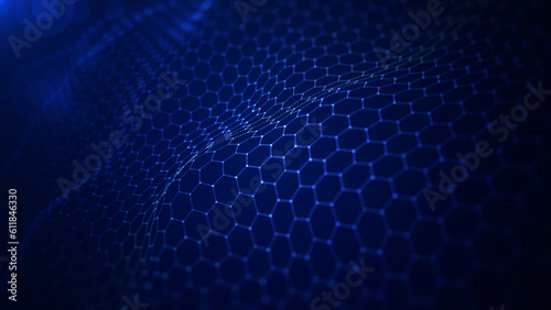 Blue Hexagon shape connection wave flowing, Cyber technology abstract background 3d rendering © KanawatTH