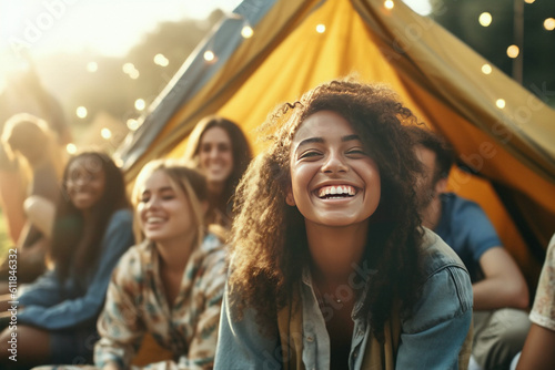 Group of young diverse adult friends, celebrating, laughing, having fun, drinking soft drinks, enjoying summer vacation day on camping