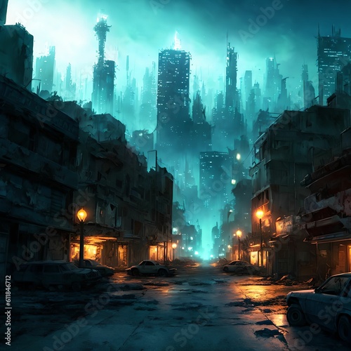 post Apocalypse city at night, generative art by A.I.
