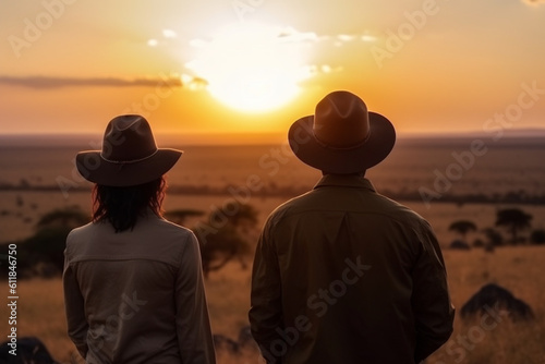 rear view of Female and male travelers contemplating the scenic sunset above African savannah from above