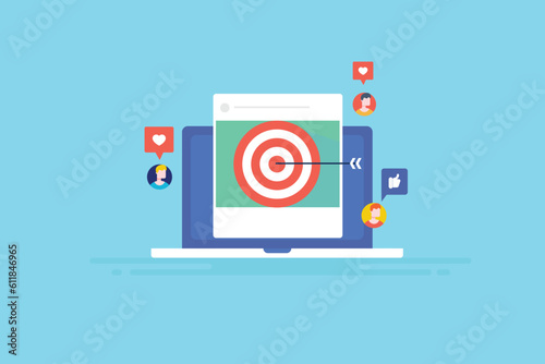 Business running sponsored post on social media page feed, digital advertising for target audience, increase people engagement, vector illustration banner.