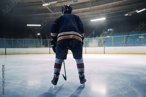 Rear view of ice hockey player skating on rink