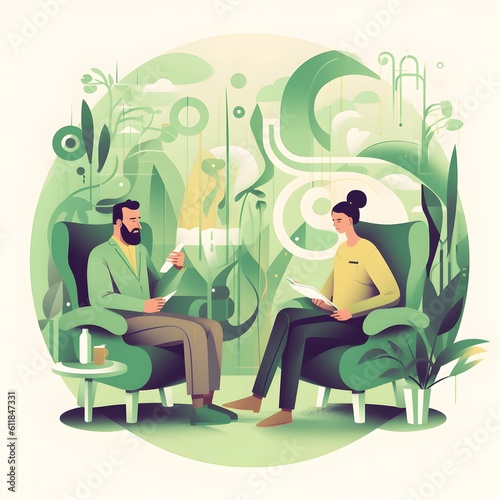 A woman suffering from PTSD and depression sitting on sofa getting treatment from therapist. Psychedelic, PTSD, depression. Created with Generative AI Technology.