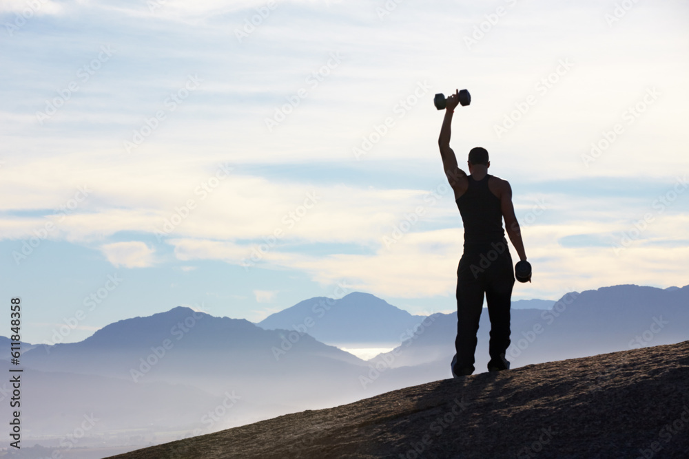 Back, mountain and man with fitness, silhouette and exercise with fresh air, training and cardio. Male person, guy and athlete outdoor, endurance or performance with workout goal, progress or victory Back, mountain and man with fitness, silhouette and exercise with fresh air, training and cardio. Male person, guy and athlete outdoor, endurance or performance with workout goal, progress or victory